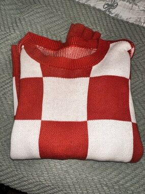 Orange and White Checkerboard Knit Sweater